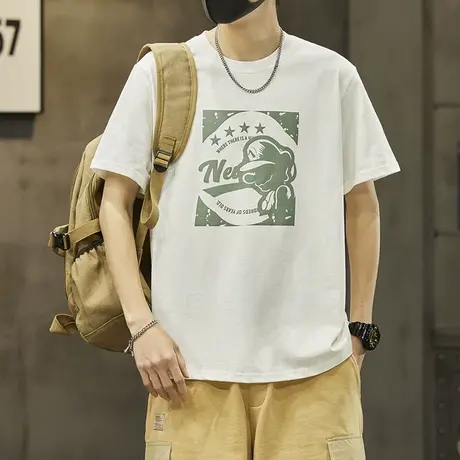 夏季男款白色纯棉短袖T恤夏天潮流百搭卡通印花圆领上衣2024新款商品大图