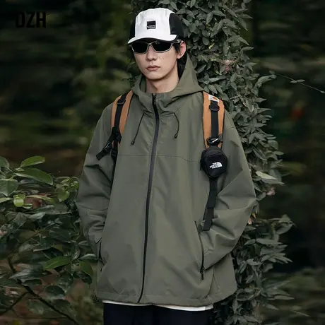 男士军绿色冲锋衣男款秋季休闲连帽外套潮高级感男装2024新款夹克商品大图