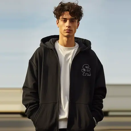 拉链外套男春秋款宽松胖子大码oversize胖子加肥纯棉卫衣连帽开衫商品大图