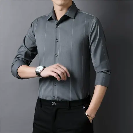 条纹衬衫男长袖高级感春季韩版修身潮流帅气弹力免烫商务休闲衬衣图片