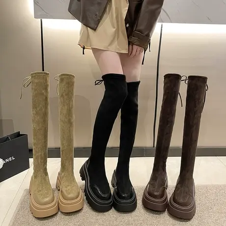 长筒靴子女2023年新款冬季网红潮骑士靴小个子增高厚底加绒过膝靴图片