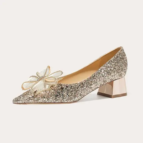 粗跟婚鞋女秀禾婚纱两穿2024年春季新款法式小众尖头蝴蝶结高跟鞋商品大图