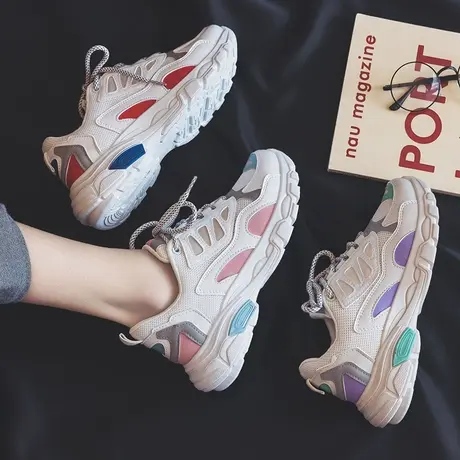 2023春季新款运动休闲鞋女鞋韩版拼色低帮板鞋学生百搭透气网面鞋图片