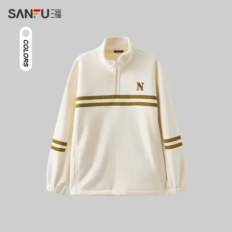 三福2023冬男士绒感杠条半拉链卫衣 保暖宽松立领上衣男478798商品大图