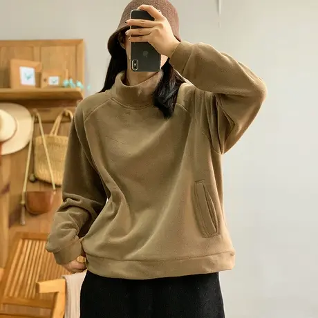 dza 复古纯色净版奥粒绒加厚卫衣女秋冬洋气内搭外穿加绒高领上衣图片