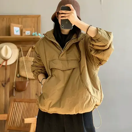 dza 复古连帽套头棉服外套女士冬季外穿休闲上衣宽松短款棉服棉袄图片