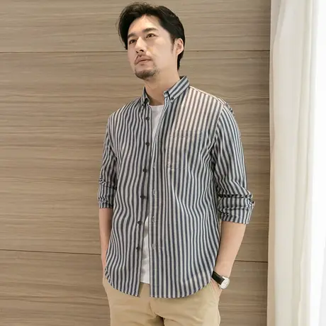 格慕施秋季薄款全棉长袖衬衫男士条纹衬衣大码宽松休闲纯棉寸衣男商品大图
