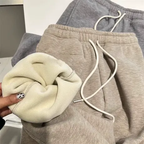 chic复古港味加绒加厚运动束脚哈伦裤女秋冬高腰韩版休闲阔腿卫裤图片