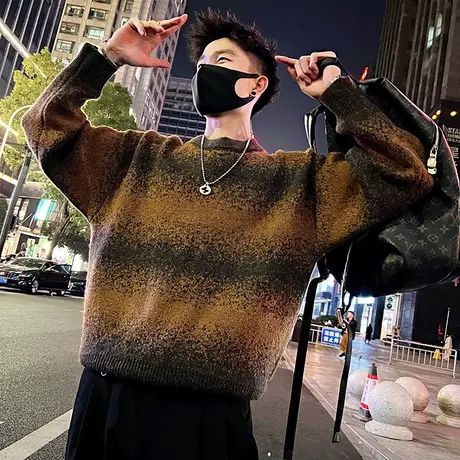 美式宽松扎染渐变毛衣男秋冬2023新款重磅加厚潮牌个性打底针织衫图片