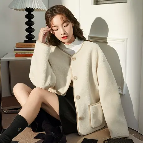 唐狮仿羊羔毛外套女冬季新美拉德温柔慵懒风仿麂皮绒女上衣图片