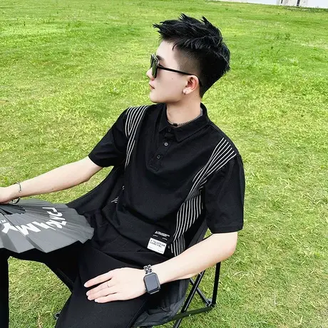 夏季男士t恤短袖polo衫翻领半袖潮流潮牌条纹装饰设计体恤上衣商品大图