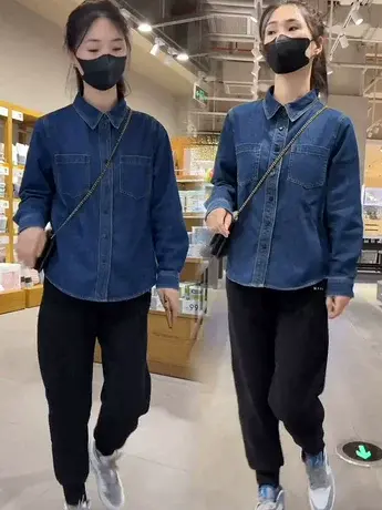 韩版复古水洗牛仔衬衫外套女秋冬加绒宽松显瘦时尚百搭翻领上衣潮商品大图