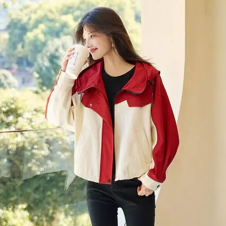 时尚气质长袖短款连帽风衣2023年秋季新款女士休闲宽松短款上衣商品大图