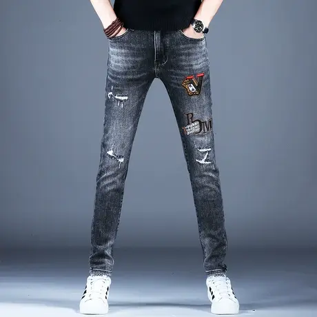 男士破洞刺绣牛仔裤男款小脚修身弹力灰色裤子秋冬款美式高街裤子商品大图