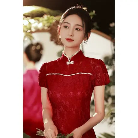 红色旗袍订婚礼服连衣裙回门服新娘平时可穿夏季中式敬酒服改良版图片