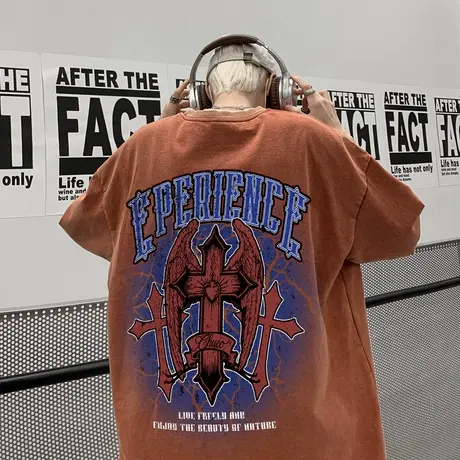 美式复古水洗做旧短袖T恤男夏季潮牌纯棉高街风印花情侣重磅半袖图片