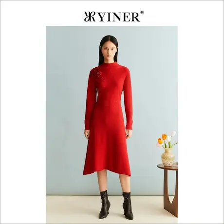 【中国红】YINER音儿女装冬季安可拉红羊绒绵羊毛连衣裙商品大图