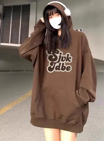 棕色连帽卫衣女秋冬加绒加厚美式复古hiphop高街小众潮牌外套上衣商品大图