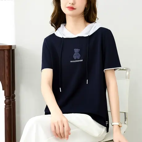 纯棉短袖t恤女春夏新款时尚宽松连帽休闲上衣重工刺绣半袖体恤衫图片