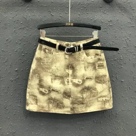 复古牛仔印花半身裙2024春夏新款潮流时尚韩版高腰A字裙短裙子女图片