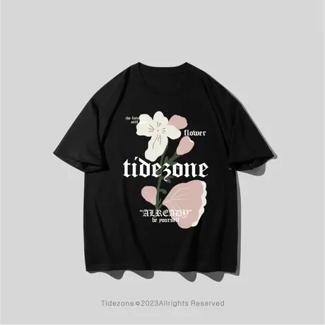 Ohlyah美式复古植物粉色花朵印花短袖T恤男女同款夏宽松街头上衣图片