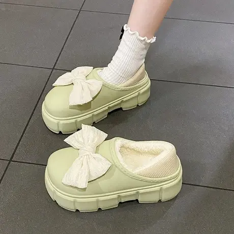 网红松糕厚底棉拖鞋女冬季防水外穿蝴蝶结仙女风加绒两穿棉鞋包跟商品大图