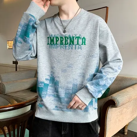 圆领卫衣男士秋季新款潮流时尚提花宽松休闲长袖T恤打底衫上衣服商品大图