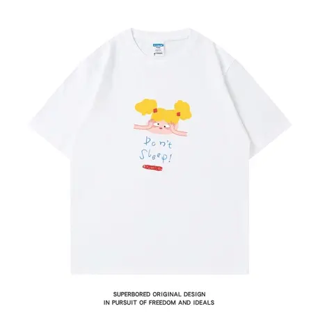 夏季美式简约趣味印花纯棉短袖T恤男女同款情侣宽松休闲半袖体恤图片