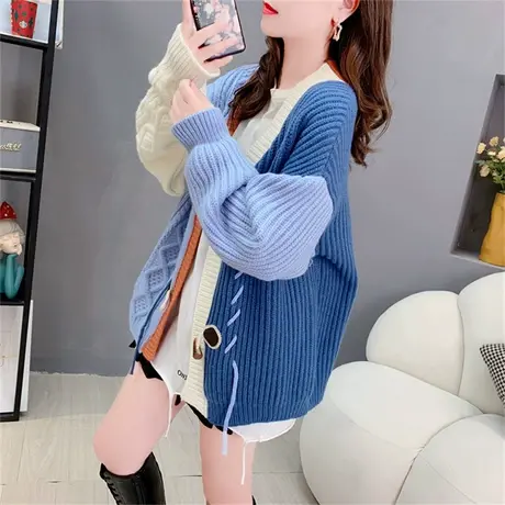 牛角扣毛衣外套女早秋2023年新款宽松慵懒风复古拼色学生针织开衫商品大图