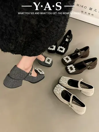 粗跟气质水钻玛丽珍女鞋子2024年爆款春夏季新款高跟黑色晚晚单鞋商品大图