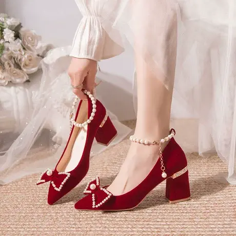 结婚鞋女高跟秀禾服婚纱两穿2024年新款小众红色新娘鞋孕妇不累脚图片