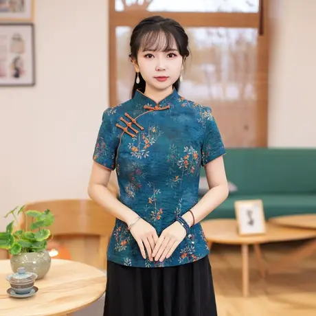 筠雅唐装女中国风旗袍上衣2023新款复古时尚收腰显瘦茶服中式女装商品大图