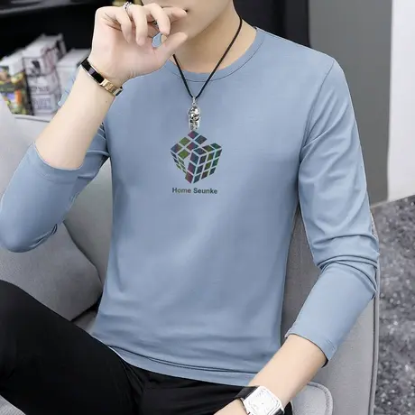 莫代尔长袖t恤男装2023新款春季内搭圆领打底衫秋衣小衫印花体恤商品大图
