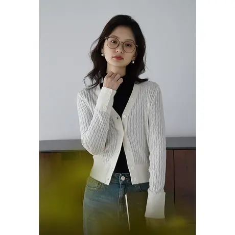 嘉茱莉2023秋季新款绵羊毛针织开衫外套女短款修身V领针织毛衣商品大图