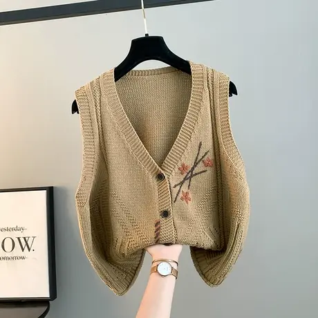 V领针织开衫马甲女2023秋冬新款刺绣单排扣毛衣马甲背心女士坎肩商品大图