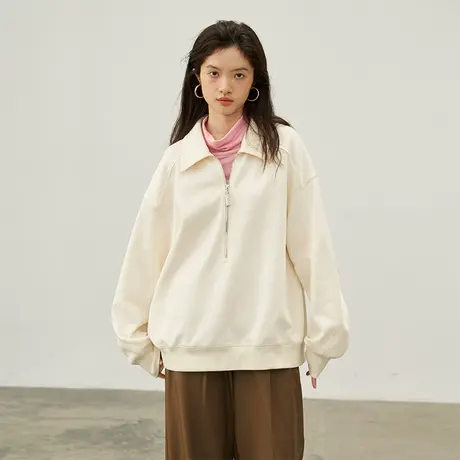 omont蛋挞家 复古polo卫衣女秋冬2023新款慵懒宽松拉链长袖上衣商品大图