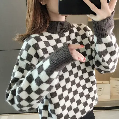 半高领毛衣女秋冬季打底衫加厚宽松慵懒新款棋盘格针织衫洋气外穿商品大图