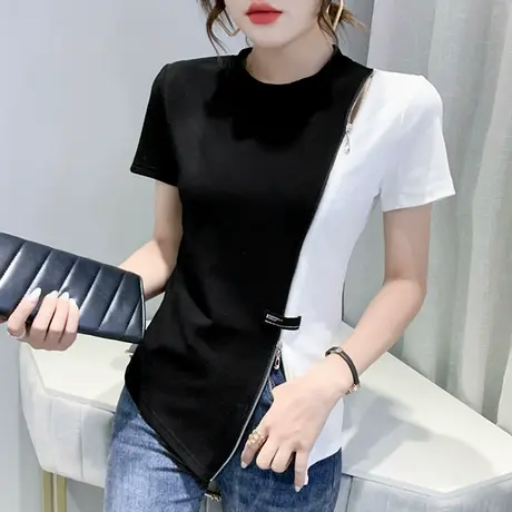 拉链开叉T恤女短袖ins不规则分叉上衣修身洋气撞色丅恤女半袖夏潮图片