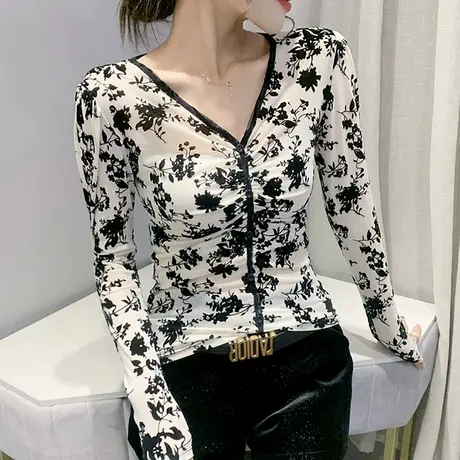 复古植绒印花T恤女长袖2023春秋新款性感V领网纱小衫内搭紧身上衣商品大图