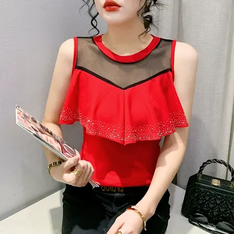 欧货荷叶边T恤女短袖设计感两穿上衣性感网纱拼接小衫紧身丅恤夏商品大图