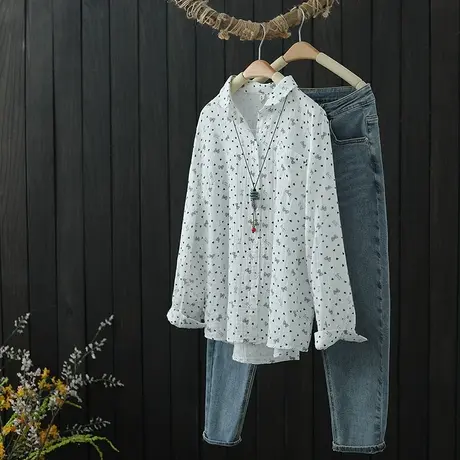 春装2022新款印花双层棉纱长袖衬衫女宽松显瘦翻领单排扣打底衬衣图片