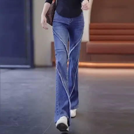 毛边微喇叭牛仔裤女春秋2023新款设计感时尚休闲裤蓝色修身马蹄裤图片