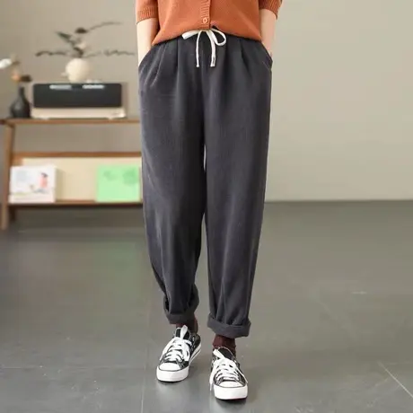 灯芯绒哈伦裤女春秋2023新款高腰休闲裤子小个子雪尼尔窄版直筒裤图片