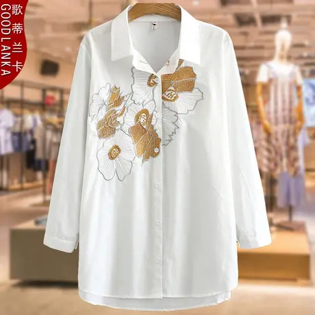 加肥加大码女中长款宽松绣花衬衫洋气时尚中年妈妈白色衬衫200斤商品大图