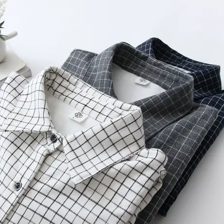 2020年冬季新款简约文艺百搭加绒磨毛格子衬衫女学生宽松打底衬衣图片