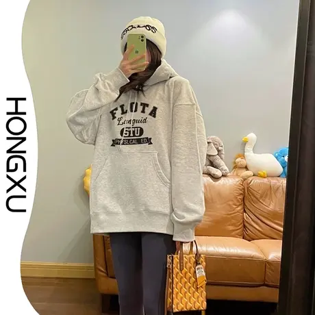 红续韩系简约通勤印花连帽卫衣2023秋冬新款加厚上衣宽松百搭显瘦图片