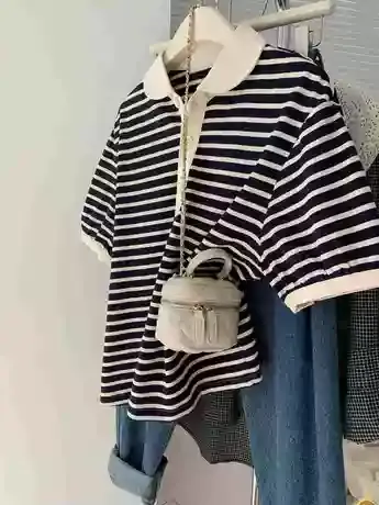 高级感独特别致娃娃领短袖T恤女漂亮条纹小衫时尚减龄polo衫上衣商品大图