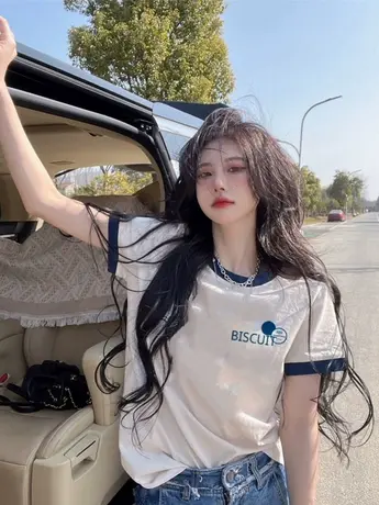 大码美式白色纯棉短袖t恤女装夏季小众设计感200斤胖mm拼接上衣服商品大图