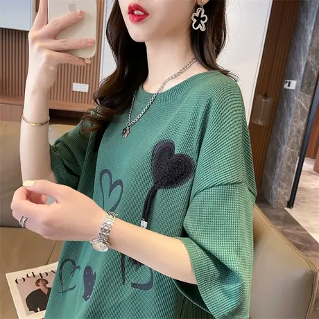 华夫格短袖t恤女夏季韩版宽松大码女装中长款小个子下衣失踪上衣商品大图