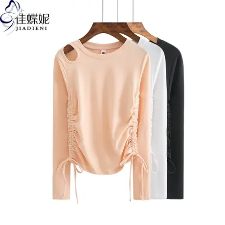 春秋纯棉修身显瘦圆领新款长袖体恤打底上衣内搭抽绳女装新款T恤商品大图